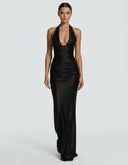 Endellion | Women's Halter Plunge Neck Draped Bust Satin Maxi Dress