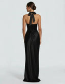 Endellion | Women's Halter Plunge Neck Draped Bust Satin Maxi Dress