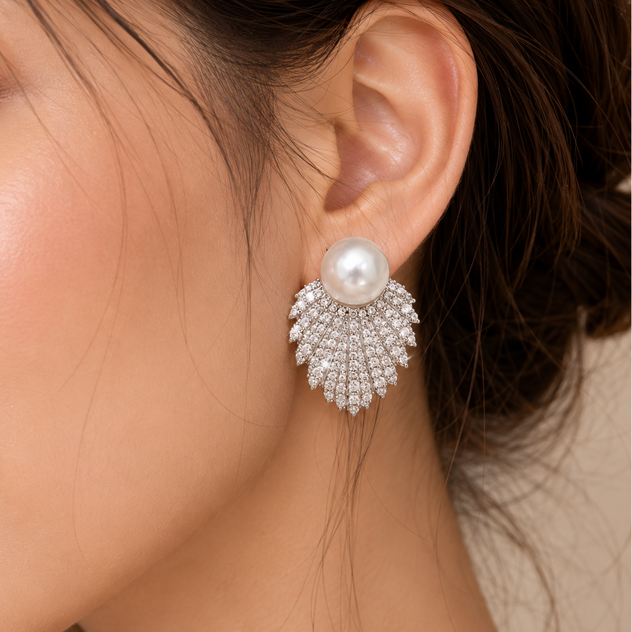 Estefania | Women's Faux Pearl Crystal Fan Statement Drop Earrings