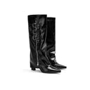 Evania | Women's Pointed Toe Buckle Side Zip Low Block Heel Knee High Boots