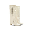 Evania | Women's Pointed Toe Buckle Side Zip Low Block Heel Knee High Boots