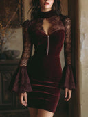 Evanna | Women's High Neck Lace Cutout Sheer Bell Sleeve Zip Front Velvet Mini Dress