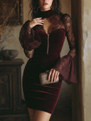 Evanna | Women's High Neck Lace Cutout Sheer Bell Sleeve Zip Front Velvet Mini Dress