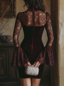 Evanna | Women's High Neck Lace Cutout Sheer Bell Sleeve Zip Front Velvet Mini Dress
