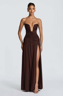 Everleigh | Women's Strapless Plunge Neck Drop Waist Ruched Maxi Dress