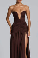 Everleigh | Women's Strapless Plunge Neck Drop Waist Ruched Maxi Dress