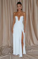Everleigh | Women's Strapless Plunge Neck Drop Waist Ruched Maxi Dress