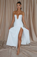 Everleigh | Women's Strapless Plunge Neck Drop Waist Ruched Maxi Dress