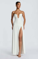 Everleigh | Women's Strapless Plunge Neck Drop Waist Ruched Maxi Dress
