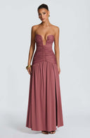Everleigh | Women's Strapless Plunge Neck Drop Waist Ruched Maxi Dress