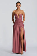 Everleigh | Women's Strapless Plunge Neck Drop Waist Ruched Maxi Dress
