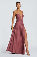 Everleigh | Women's Strapless Plunge Neck Drop Waist Ruched Maxi Dress