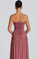 Everleigh | Women's Strapless Plunge Neck Drop Waist Ruched Maxi Dress