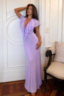 Fallon | Women's Deep V Neck Ruffle Chiffon Evening Maxi Wedding Guest Dress