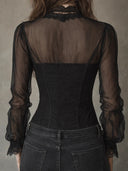 Fenella | Women's Plunge Neck Long Sleeve Button Front Sheer Lace Trim Top
