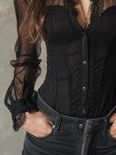 Fenella | Women's Plunge Neck Long Sleeve Button Front Sheer Lace Trim Top
