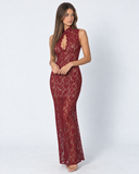 Finnie | Women's Floral Lace High Neck Keyhole Sleeveless Maxi Dress