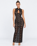 Finnie | Women's Floral Lace High Neck Keyhole Sleeveless Maxi Dress