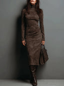 Frances | Women's Faux Suede Turtleneck Long Sleeve Seamed Midi Dress