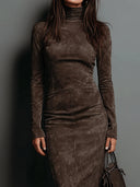 Frances | Women's Faux Suede Turtleneck Long Sleeve Seamed Midi Dress