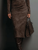 Frances | Women's Faux Suede Turtleneck Long Sleeve Seamed Midi Dress