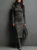 Frances | Women's Faux Suede Turtleneck Long Sleeve Seamed Midi Dress