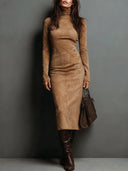 Frances | Women's Faux Suede Turtleneck Long Sleeve Seamed Midi Dress