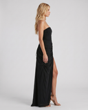 Freyja | Women's Strapless Draped Front High Slit Ruched Maxi Dress