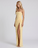 Freyja | Women's Strapless Draped Front High Slit Ruched Maxi Dress