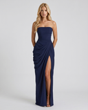 Freyja | Women's Strapless Draped Front High Slit Ruched Maxi Dress