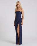 Freyja | Women's Strapless Draped Front High Slit Ruched Maxi Dress