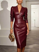 Genoveva | Women's Glossy Plunge Neck Puff Sleeve Midi Dress with Wide Waist Panel