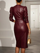 Genoveva | Women's Glossy Plunge Neck Puff Sleeve Midi Dress with Wide Waist Panel