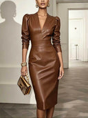 Genoveva | Women's Glossy Plunge Neck Puff Sleeve Midi Dress with Wide Waist Panel