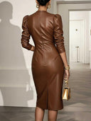 Genoveva | Women's Glossy Plunge Neck Puff Sleeve Midi Dress with Wide Waist Panel