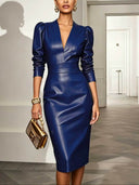 Genoveva | Women's Glossy Plunge Neck Puff Sleeve Midi Dress with Wide Waist Panel