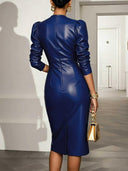 Genoveva | Women's Glossy Plunge Neck Puff Sleeve Midi Dress with Wide Waist Panel