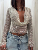 Grace | Women's Open-Back Sequin Mesh Crop Top