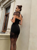 Gracelyn | Women's High Neck Sheer Cap Sleeve Scalloped Hem Lace Trim Mini Dress