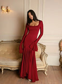 Graciela | Women's Square Neck Long Sleeve Ruffle Cuffs Pleated Maxi Dress
