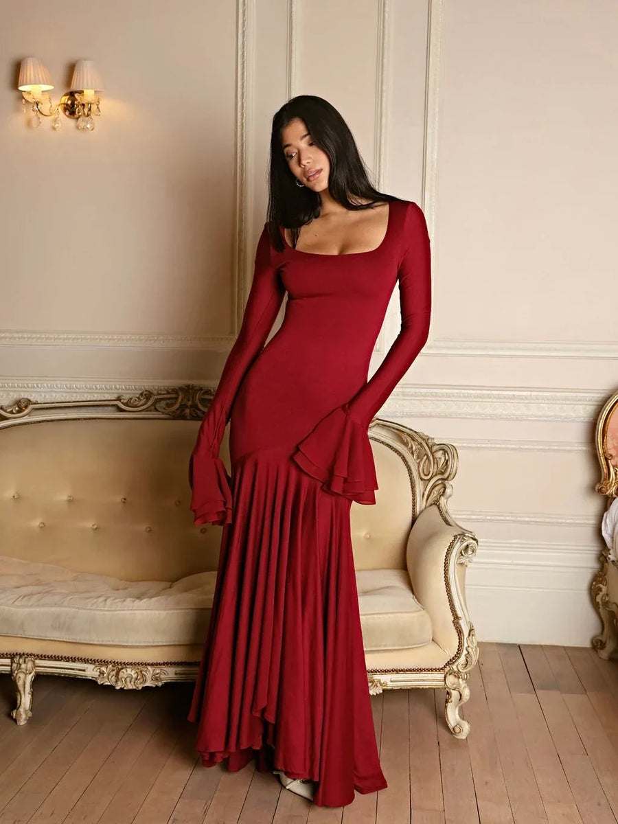 Graciela | Women's Square Neck Long Sleeve Ruffle Cuffs Pleated Maxi Dress