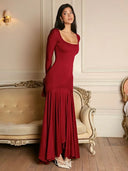 Graciela | Women's Square Neck Long Sleeve Ruffle Cuffs Pleated Maxi Dress