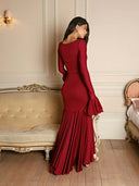 Graciela | Women's Square Neck Long Sleeve Ruffle Cuffs Pleated Maxi Dress