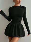 Guadalupe | Women's Boat Neck Long Sleeve Ruched Waist Bubble Hem Mini Dress