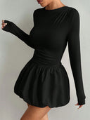 Guadalupe | Women's Boat Neck Long Sleeve Ruched Waist Bubble Hem Mini Dress