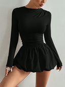 Guadalupe | Women's Boat Neck Long Sleeve Ruched Waist Bubble Hem Mini Dress