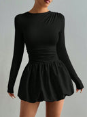 Guadalupe | Women's Boat Neck Long Sleeve Ruched Waist Bubble Hem Mini Dress