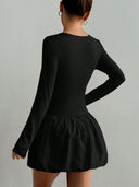 Guadalupe | Women's Boat Neck Long Sleeve Ruched Waist Bubble Hem Mini Dress