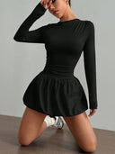 Guadalupe | Women's Boat Neck Long Sleeve Ruched Waist Bubble Hem Mini Dress