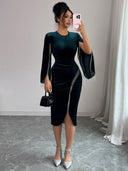 Haislee | Women's Crew Neck Split Sleeve Beaded Fringe Velvet Midi Dress